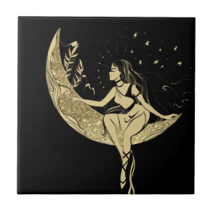 Schöne Mond Sterne Frau Art Deco Illustration Fliese