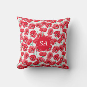 Schöne monogrammierte rote Mohnblumen Blumen Weiß Kissen