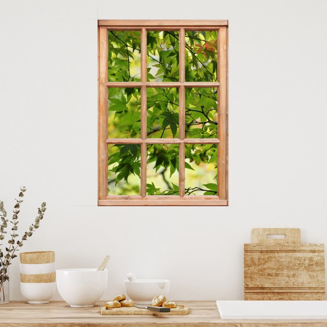 Schöne Morgenansicht der Blätter aus einem Fenster Poster (Küche)