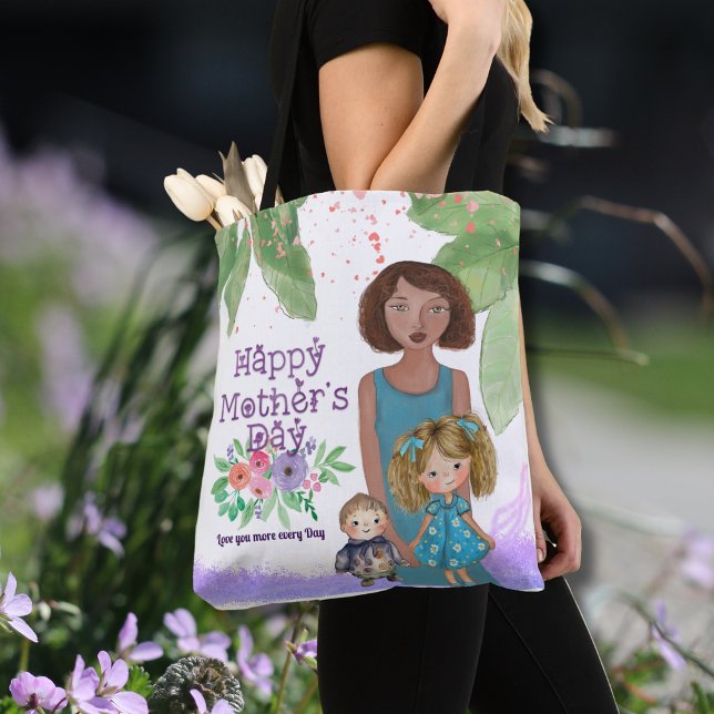 Schöne Mutter & Kinder Blumenbilder (Beautiful Mother & Kids Floral Illustration Tote Bag)