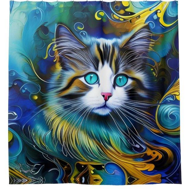 Schöne Mystische Katze in Blues und Golden Duschvorhang (Vorderseite)
