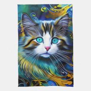 Schöne Mystische Katze in Blues und Golden Geschirrtuch