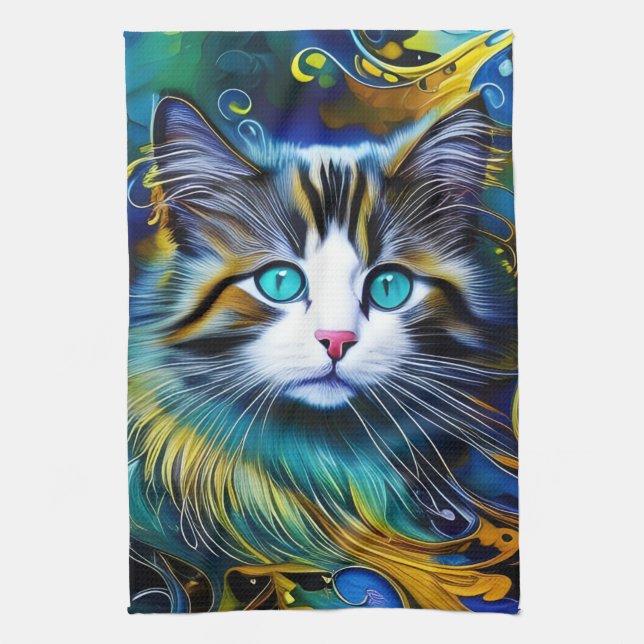 Schöne Mystische Katze in Blues und Golden Geschirrtuch (Vertikal)