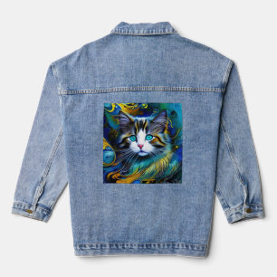 Schöne Mystische Katze in Blues und Golden Jeansjacke