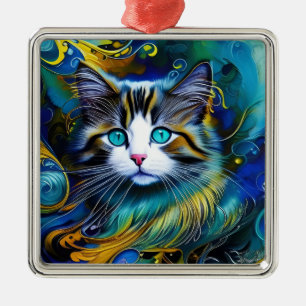 Schöne Mystische Katze in Blues und Golden Ornament Aus Metall
