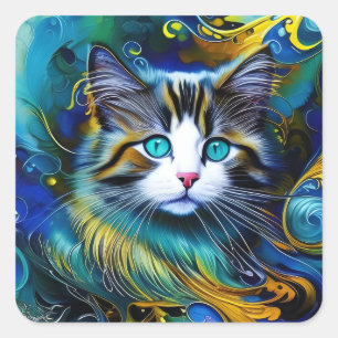 Schöne Mystische Katze in Blues und Golden Quadratischer Aufkleber