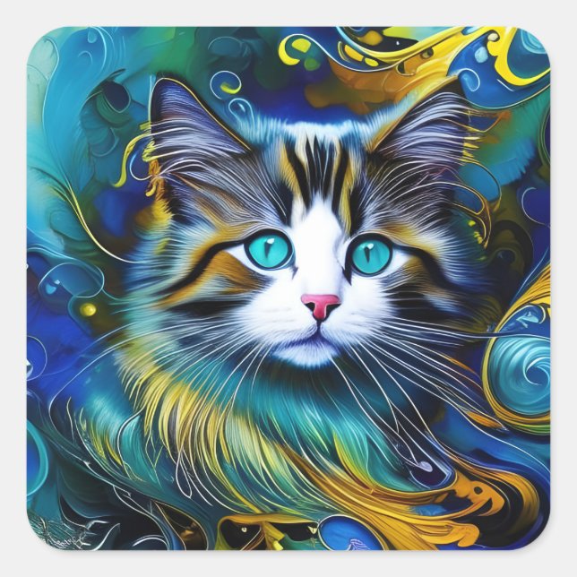 Schöne Mystische Katze in Blues und Golden Quadratischer Aufkleber (Vorderseite)