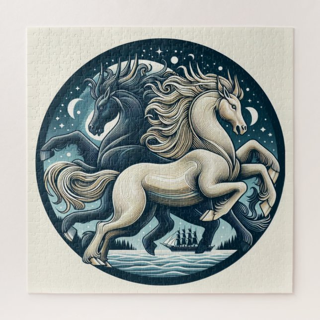 "Schöne mystische Pferde" 16 Puzzle (Vertikal)