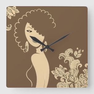 Schöne Naturhaar Woman Wall Clock Quadratische Wanduhr