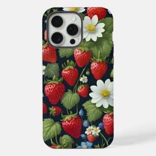 Schöne natürliche Erdbeeren- und Blumenmuster. iPhone 15 Pro Max Hülle