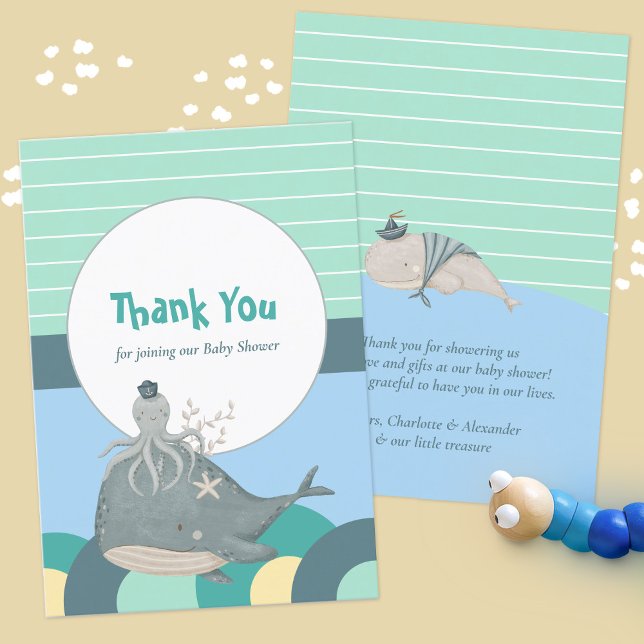 Schöne Nautical Whale Octopus Green Baby Dusche Dankeskarte (Lovable Nautical Whale Squid Green Baby Shower Thank You Card ©Susanne Sachers - Sunny Mind Design )