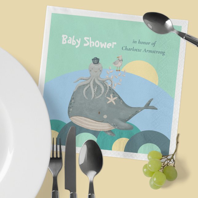 Schöne Nautical Whale Tintenfisch Green Baby Dusch Serviette (Lovable Nautical Whale Squid Green Baby Shower Napkins ©Susanne Sachers - Sunny Mind Design 🌞)