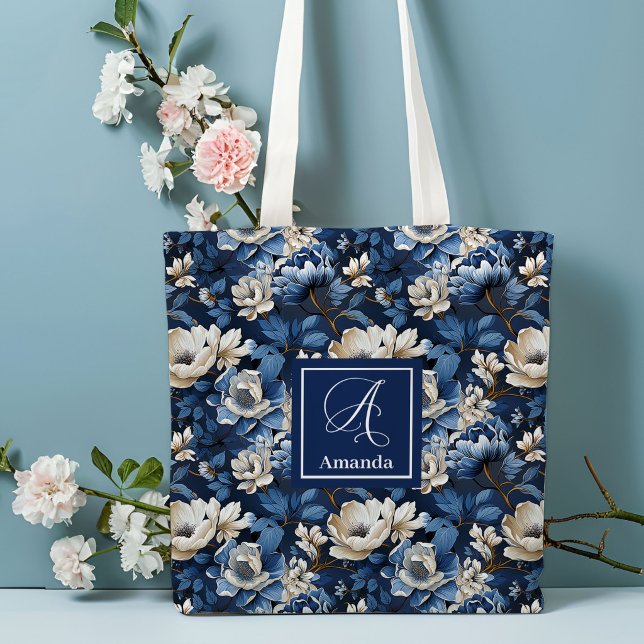 Schöne Navy Blumen Personalisierte Blumen-Tasche (Beautiful Navy Flowers Personalized Floral Tote Bag)