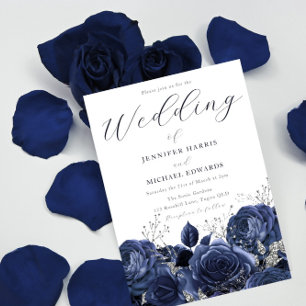 Schöne Navy Indigo Rose & Silberhochzeit Einladung
