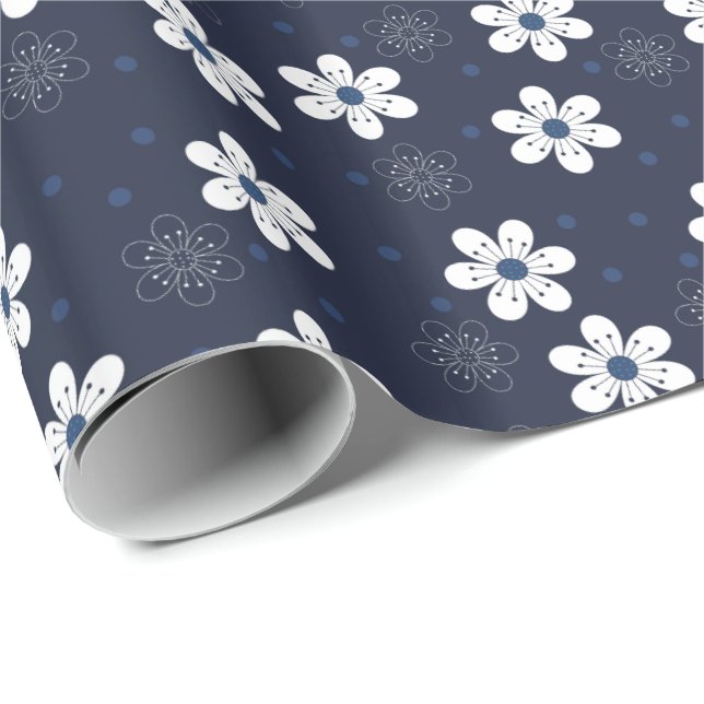 Schöne Navyblaue Blumengestaltung Geschenkpapier (Rolleneckpunkt)