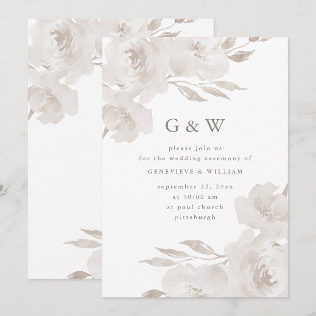 Schöne neutrale Blüte mit Monogramm Hochzeit Einladung (Vorne/Hinten)