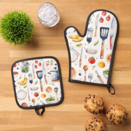 Schöne Niedliche Aquarellküche Geschirr Ofenhandschuh & Topflappen-Set