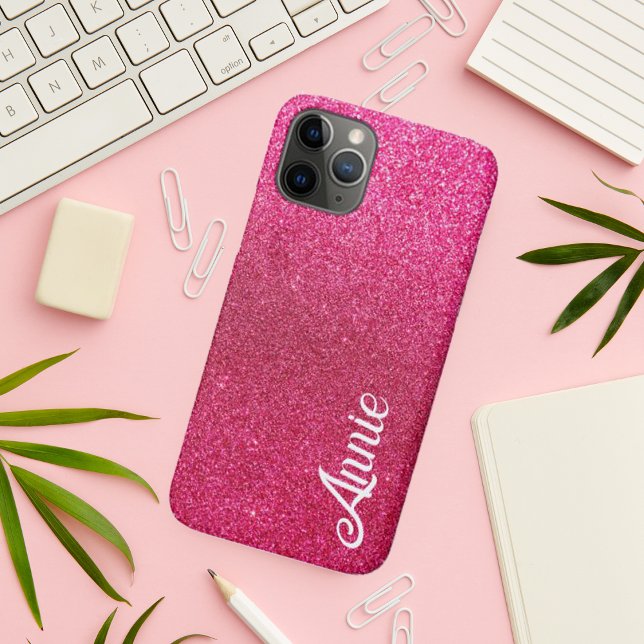 Schöne, Niedliche, Hot-Pink-Imitate Glitzer Name Case-Mate iPhone Hülle (Beautiful Girly Cute Hot Pink Faux Glitter Name Case-Mate iPhone Case)
