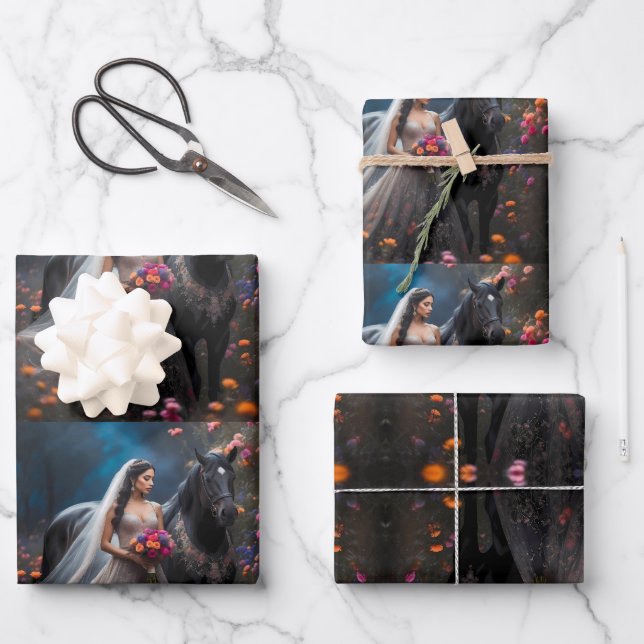 Schöne Niedliche Minimalistische Braut & Pferd Geschenkpapier Set (Vorderseite)