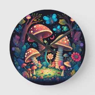 Schöne niedliche Zauberpilze Runde Wanduhr