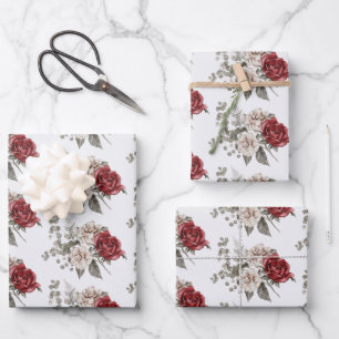 Schöne Off-White & Rote Rosen Gemustert Geschenkpapier Set