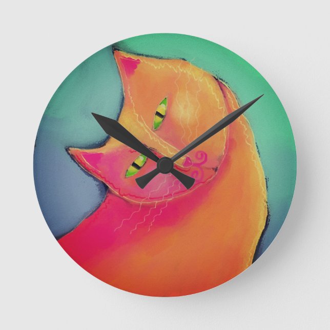 Schöne Orange Cat Abstrakt Art Runde Wanduhr (Vorderseite)