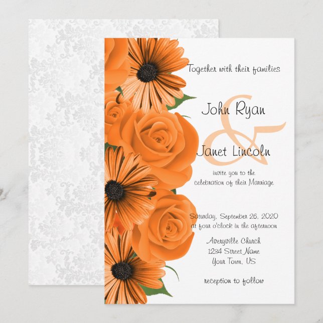Schöne Orange Rose & Daisy Wedding Einladung (Vorne/Hinten)
