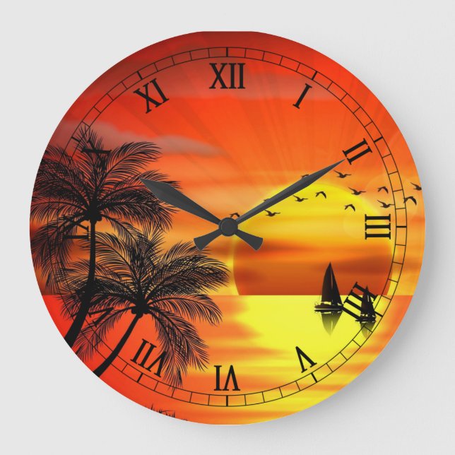 schöne orange Sonnenuntergangkunst Große Wanduhr (Vorderseite)