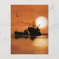 Schöne Orangen Sonnenuntergang Schiffe Vögel Abbil