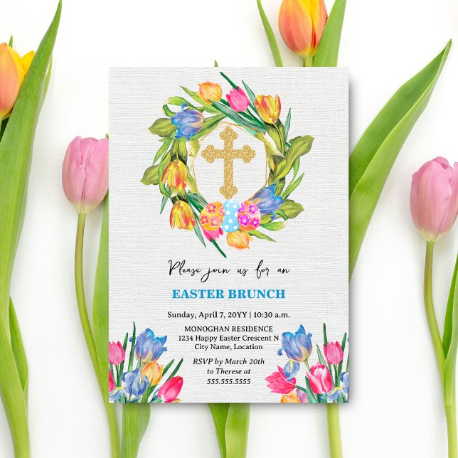 Schöne Ostereier aus Gold Einladung (Beautiful gold cross, tulip wreath and Easter Eggs brunch invitation front view.)