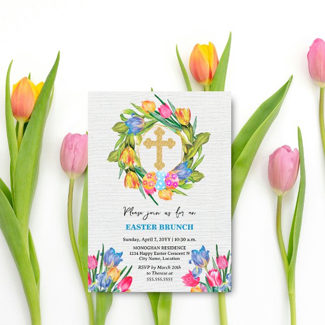 Schöne Ostereier aus Gold Einladung (Beautiful gold cross, tulip wreath and Easter Eggs brunch invitation front view.)