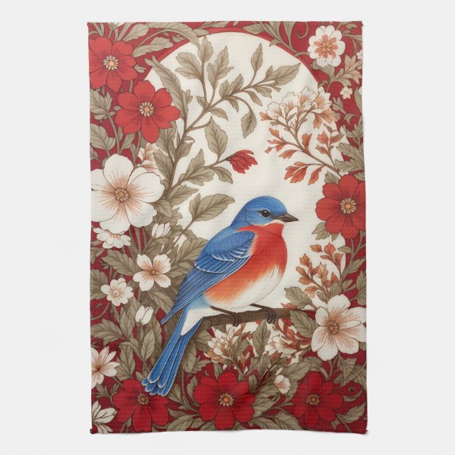 Schöne Östliche Blaumeise Rote Flora  Geschirrtuch (Vertikal)