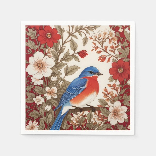 Schöne Östliche Blaumeise Rote Floral  Serviette (Vorderseite)
