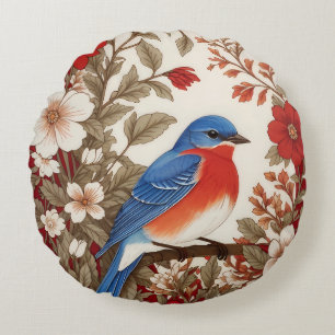 Schöne Östliche Blaumeise Rotes Blumenmuster Rundes Kissen