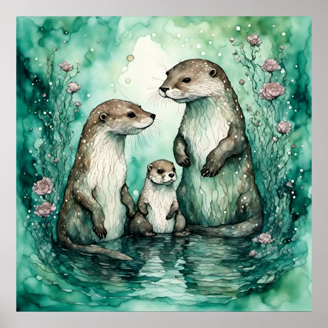Schöne Otter-Familie mit Kinderbett Poster (Vorne)
