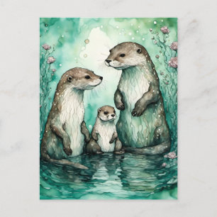 Schöne Otter-Familie mit Kinderbett Postkarte
