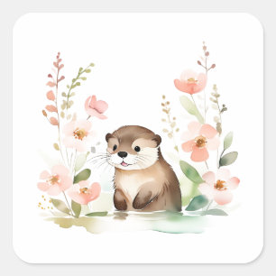 Schöne Otter mit Blume Quadratischer Aufkleber