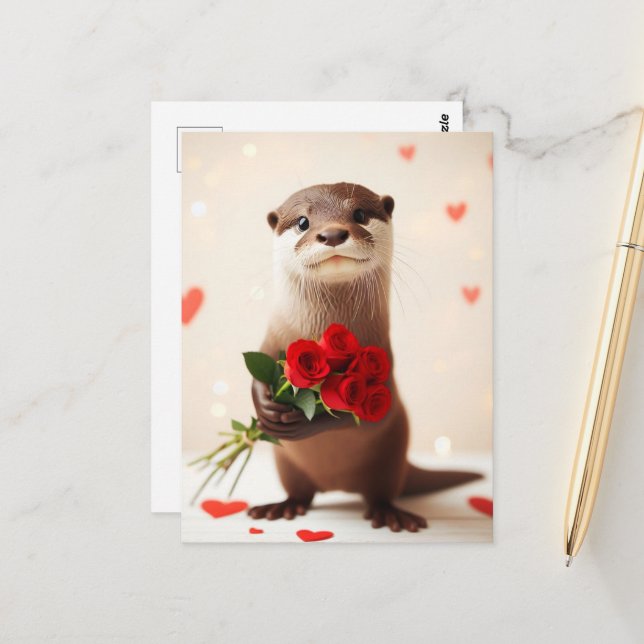 Schöne Otter mit Rote Rosen Postkarte (Vorderseite/Rückseite Beispiel)