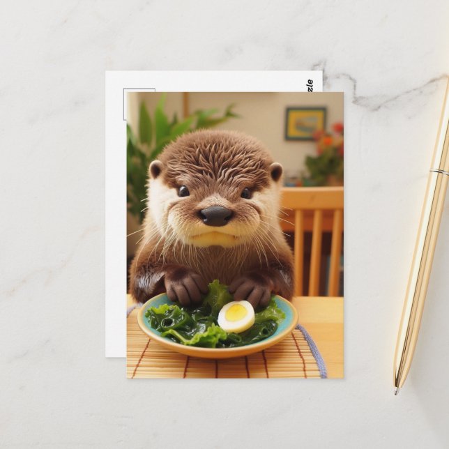 Schöne Otter mit Salat Postkarte (Vorderseite/Rückseite Beispiel)