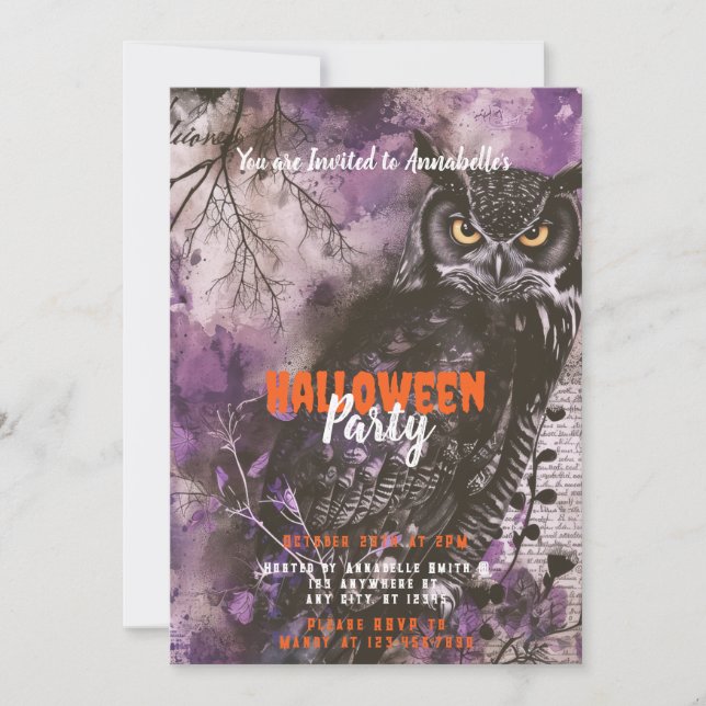 Schöne Owl Purple Halloween Party Einladung (Vorderseite)