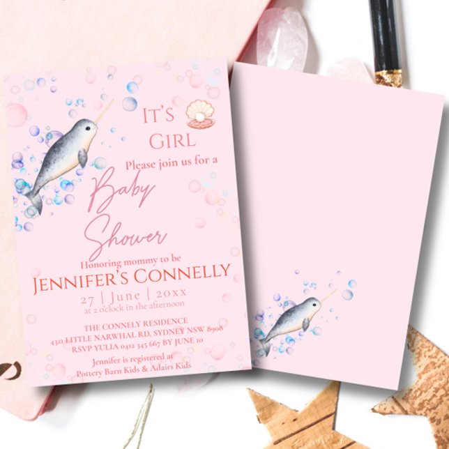 Schöne Ozean Narwhal Muscheln Bläschen Baby Dusche Einladung (Von Creator hochgeladen)