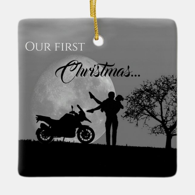 Schöne Paare Erste WeihnachtsMotorrad-Liebe Keramikornament (Vorderseite)