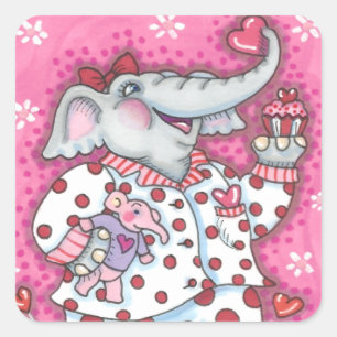 SCHÖNE PACHYDERIN IN PINK PAJAMAS, HERZKUPFKAK QUADRATISCHER AUFKLEBER
