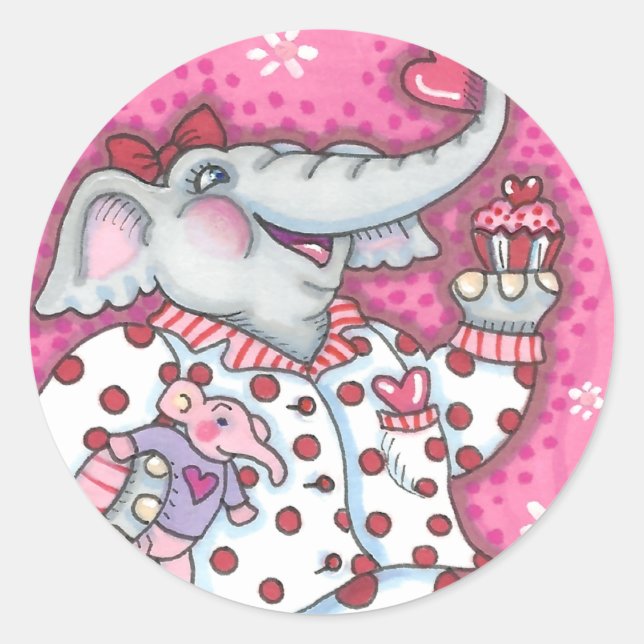 SCHÖNE PACHYDERIN IN PINK PAJAMAS, HERZKUPFKAK RUNDER AUFKLEBER (Vorderseite)