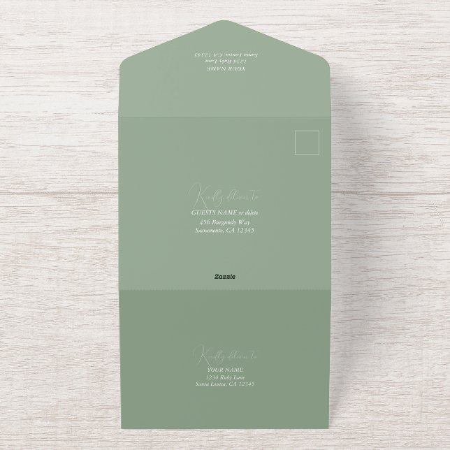 Schöne Papier Krane Sage Green Wedding All-in-One-Einladung (Außenseite)