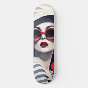 Schöne Pariser Frau in Sonnenbrille und Hut Skateboard