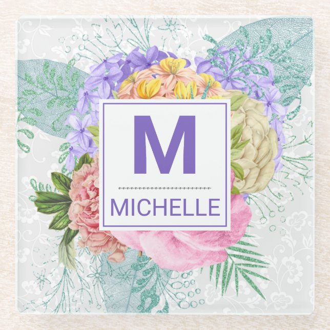 Schöne Pastell-Frühlingsblumen Monogramm Glasuntersetzer (Vorderseite)