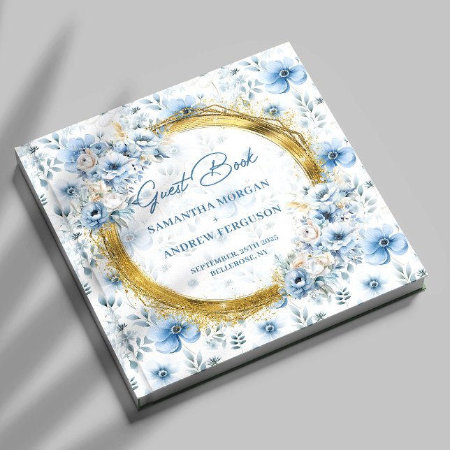 Schöne Pastellblumen Blumen Goldmedaille Glitzer H Gästebuch (Beautiful Pastel Blue Flowers Gold Glitter Wedding Guest Book)