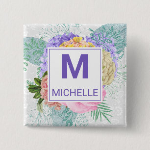 Schöne Pastellfarben Frühlingsblumen Monogramm Button