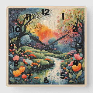 Schöne, pastellfarbene Landschaft im Frühling Quadratische Wanduhr